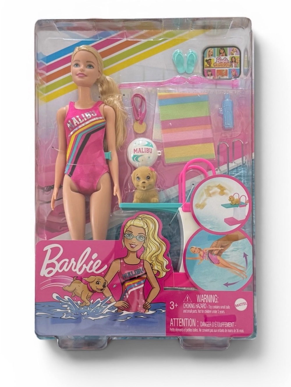Barbie Malibu Swim Doll Playset Puppy Pool Float Accessories NWT